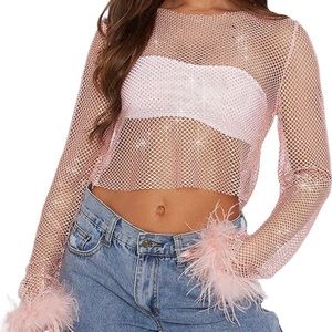 Women’s Pink Mesh Longsleeve Top with Feather Sleeves ~ Taylor Swift “Lover” fit